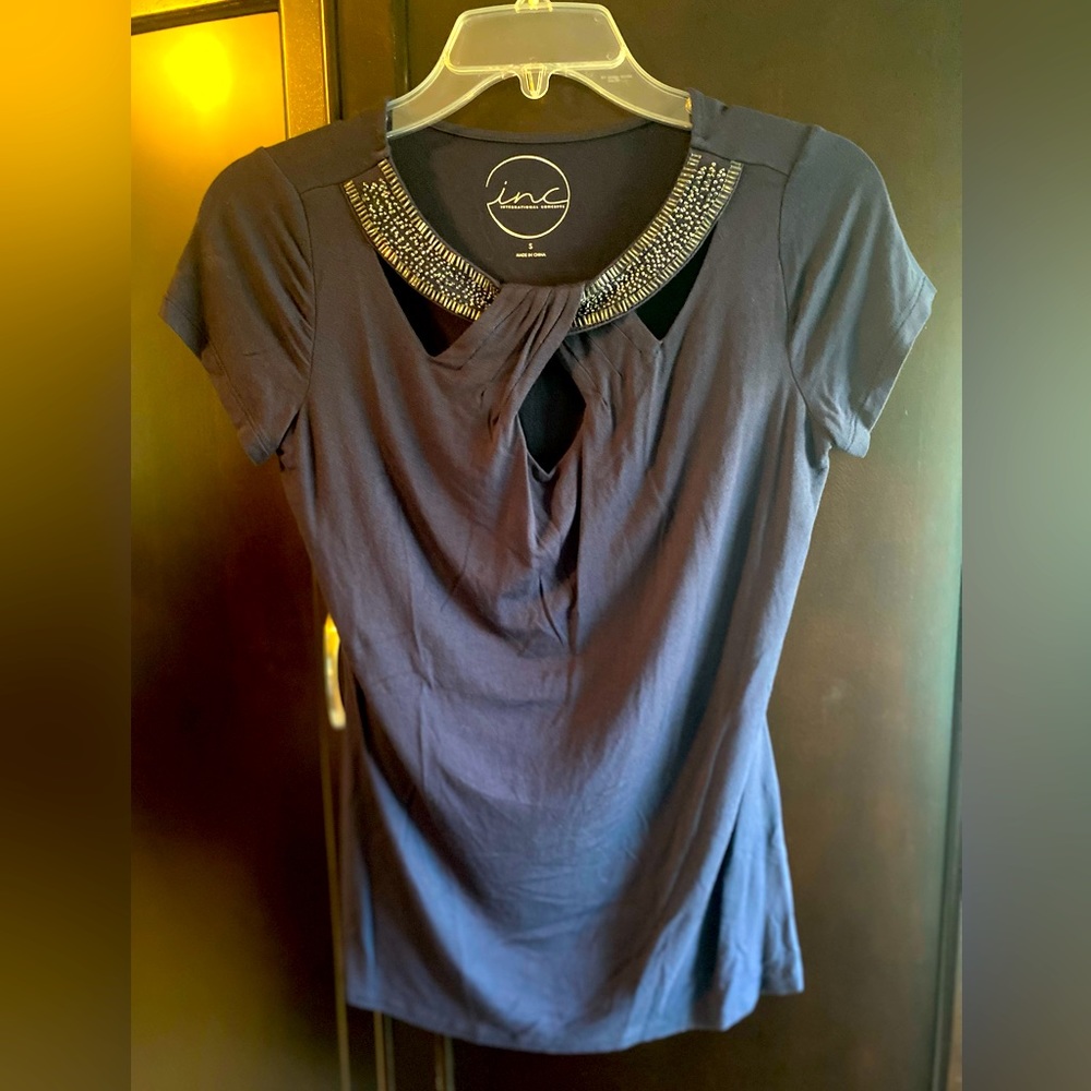 INC navy blue top with beaded neck line